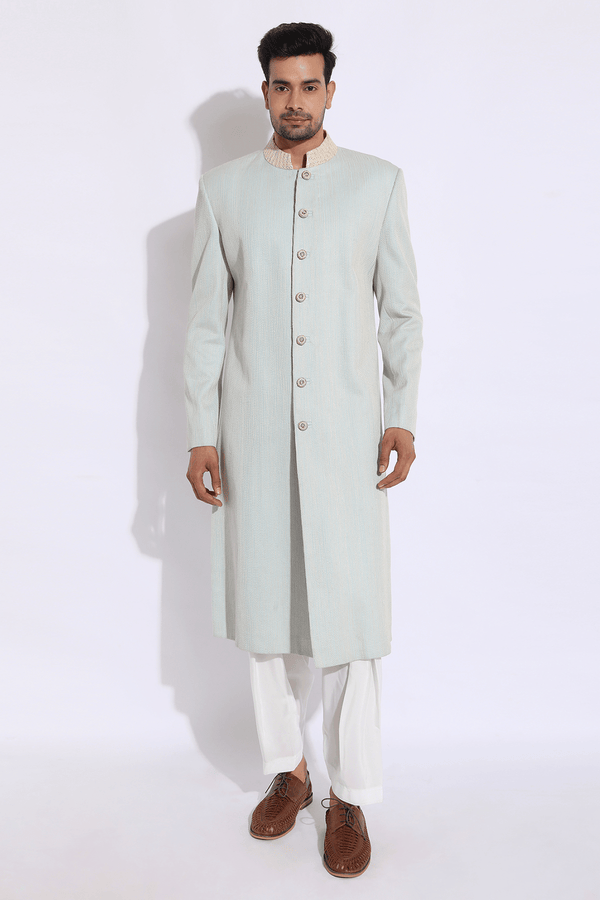 Light Blue with Ivory Thread Texture Sherwani Set. - Kunal Anil Tanna