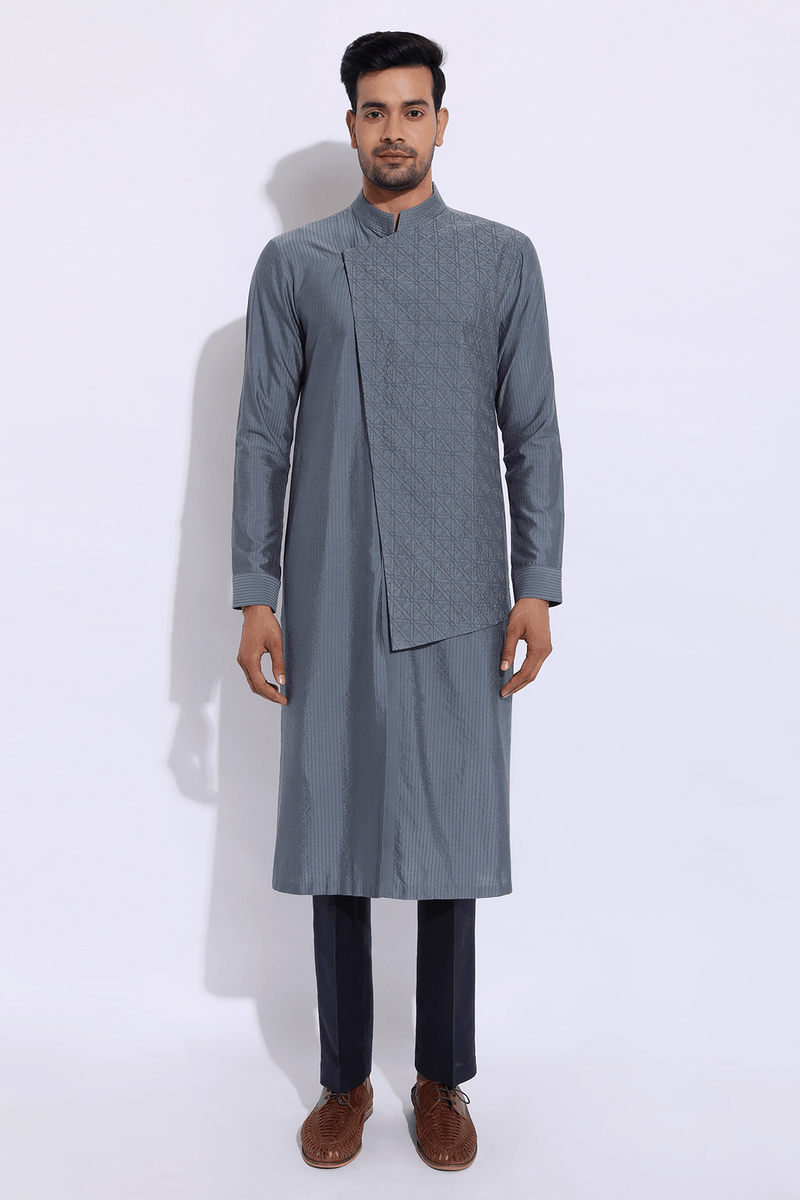 Grey asymmetrical mock layered textured kurta set - Kunal Anil Tanna