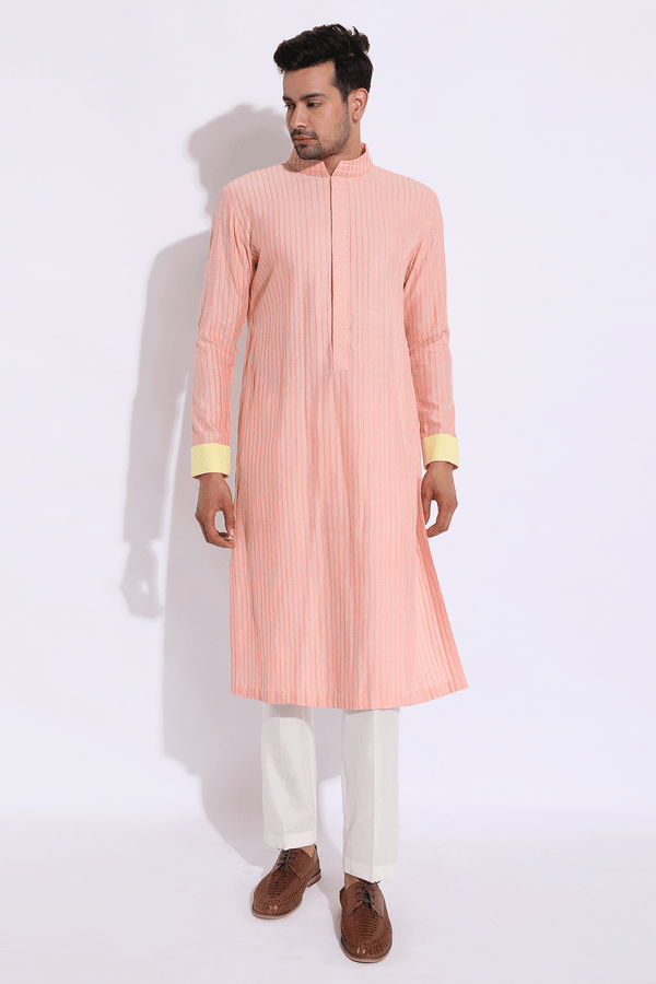Peach with ivory thread texture kurta set (Express Delivery) - Kunal Anil Tanna