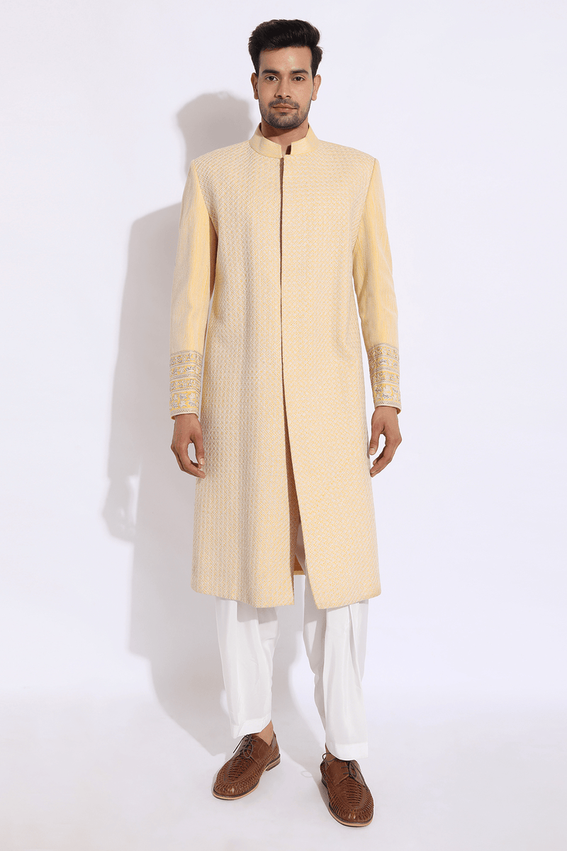 Light Yellow with Ivory Texture Sherwani Set (Express Delivery) - Kunal Anil Tanna
