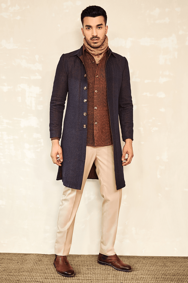 Brown Shacket with Beige Polo Neck Band - Kunal Anil Tanna