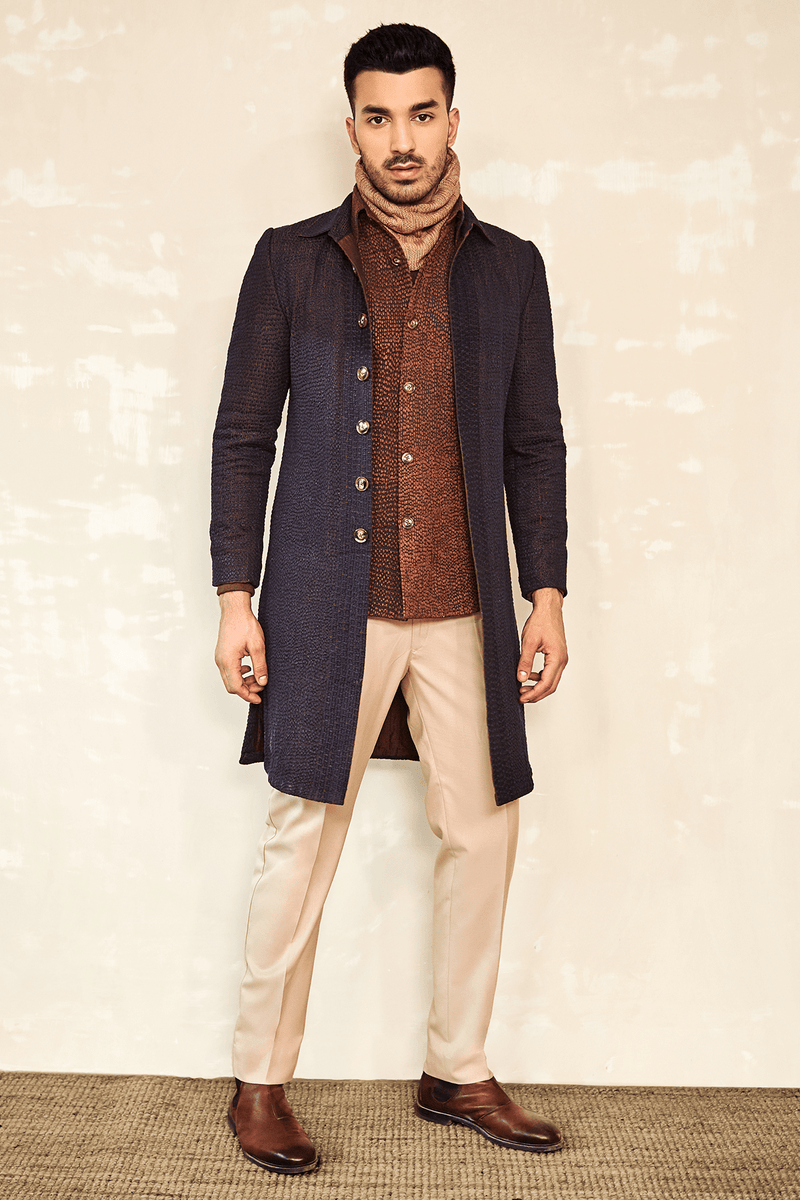 Blue-Brown Textured Shackets with Polo Neck & Beige Trousers (Express Delivery) - Kunal Anil Tanna