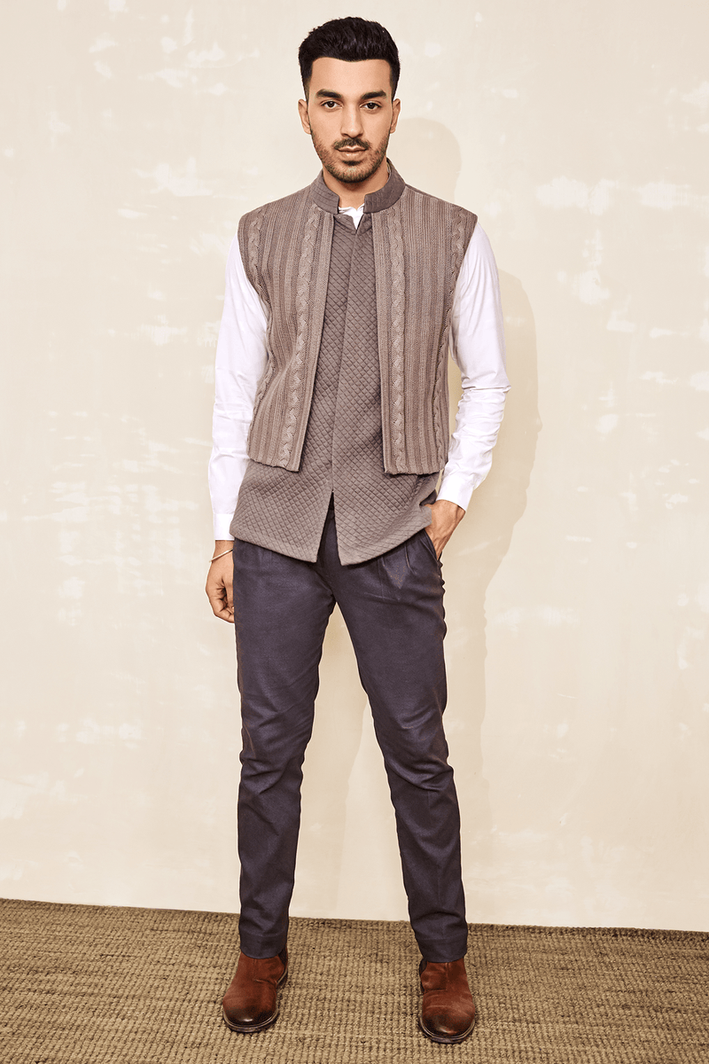Grey quilted bandi jacket with classic White Shirt & Grey Trousers - Kunal Anil Tanna