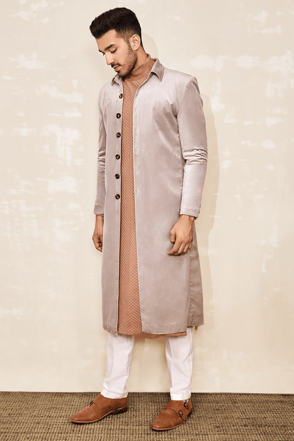 Long shacket with quilted kurta and off-white pleated trousers - Kunal Anil Tanna