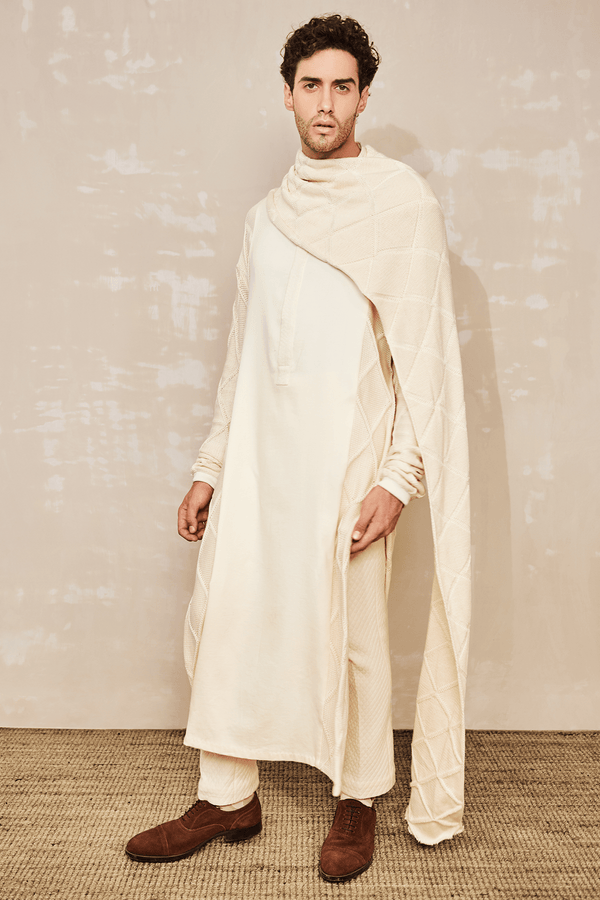 Knitted Drape Oversized Kurta with Quilted Trousers - Kunal Anil Tanna