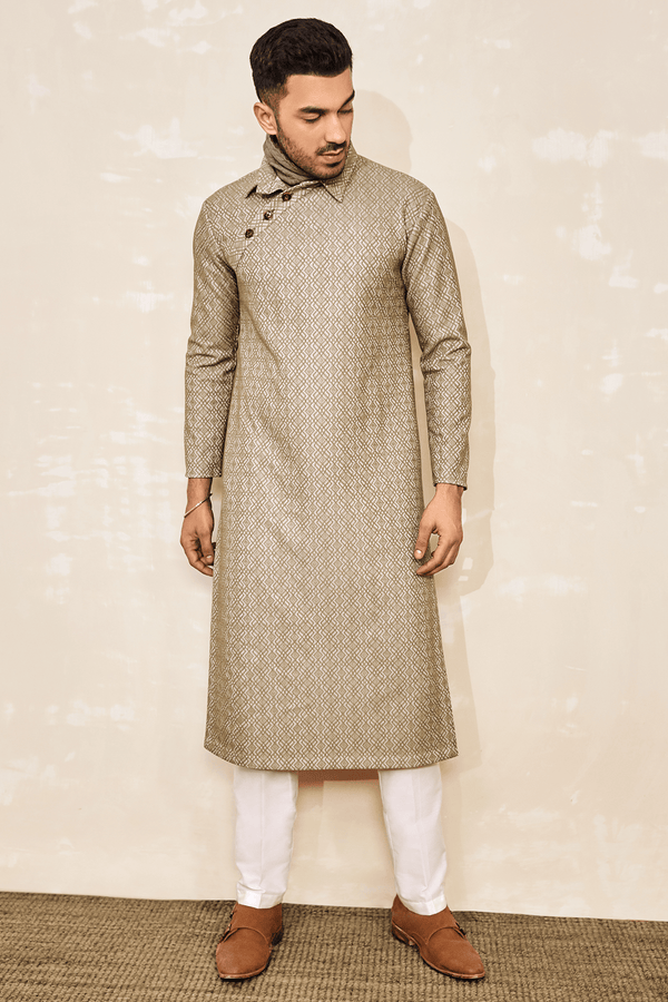 Green Jacquard Kurta with Off-white Trousers - Kunal Anil Tanna