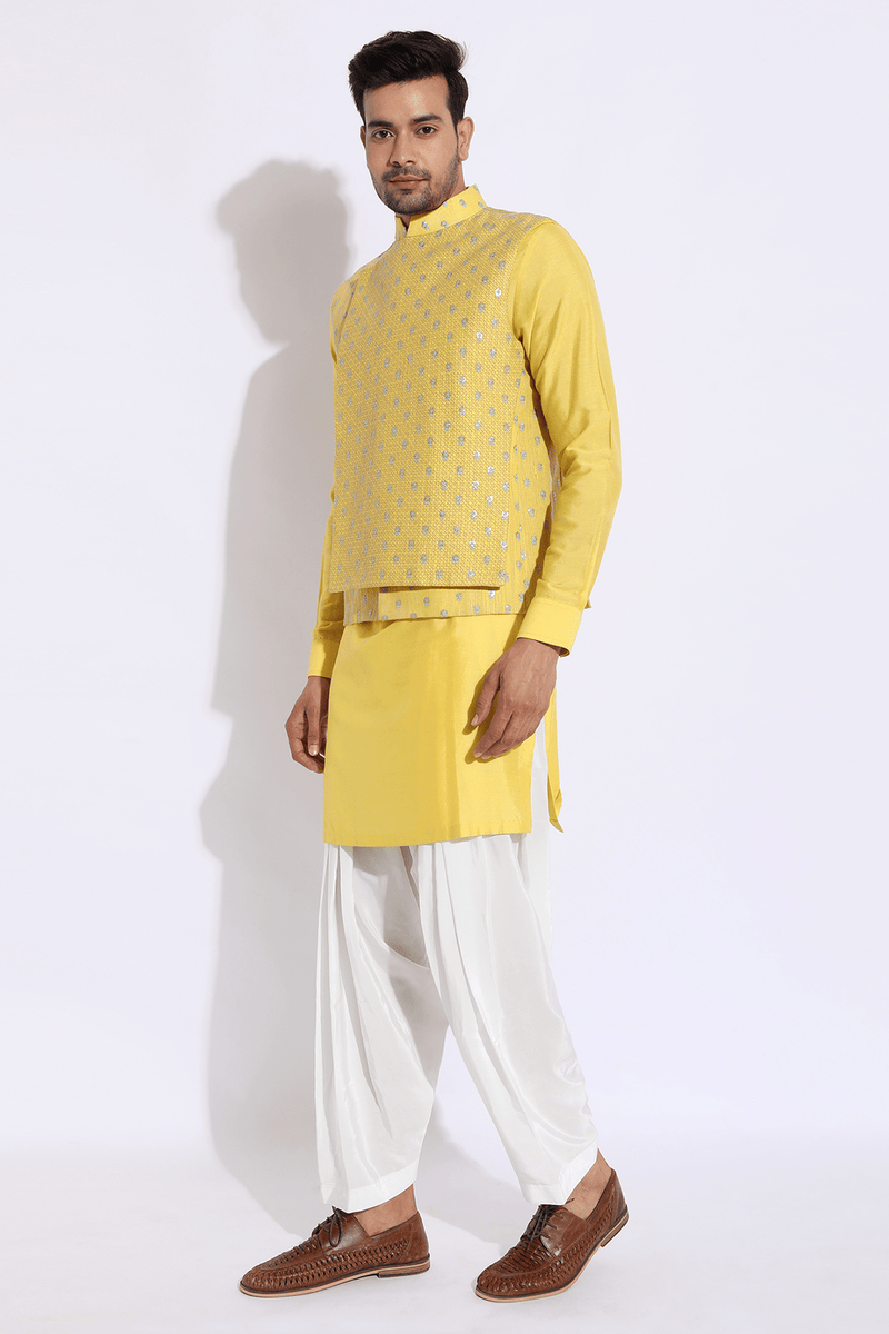 Yellow thread textured bandi kurta set - Kunal Anil Tanna