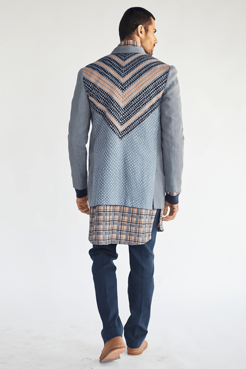 Open Layered Jacket with textured Kurta & Blue Trouser (Express Delivery) - Kunal Anil Tanna