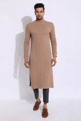 Beige Textured Bandi Jacket with quilted Polo Neck Kurta & Trousers - Kunal Anil Tanna