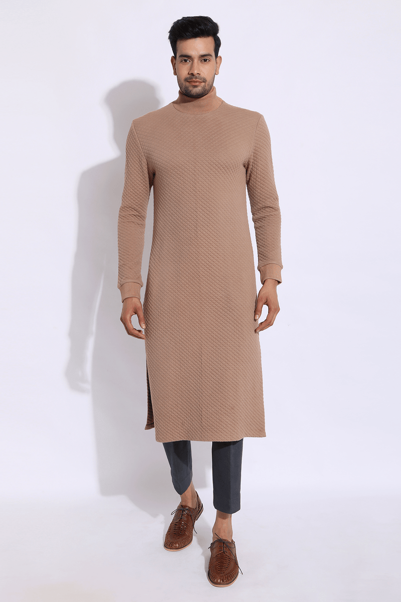 Beige Textured Bandi Jacket with quilted Polo Neck Kurta & Trousers - Kunal Anil Tanna