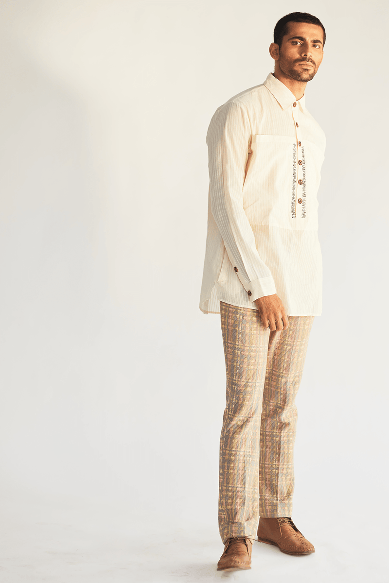 Ivory Long Shirt Jacket with Shirt and mesh faded print pants (Express Delivery) - Kunal Anil Tanna