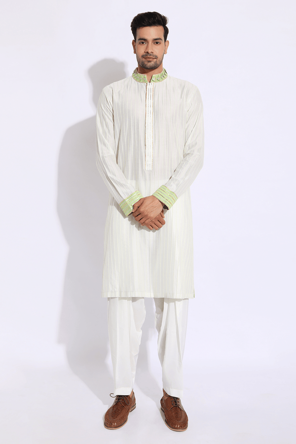 Ivory with pale green pleating detail kurta set - Kunal Anil Tanna