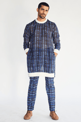 Openend Mesh Print Long Jacket with Pullover Kurta and Printed Trousers - Kunal Anil Tanna