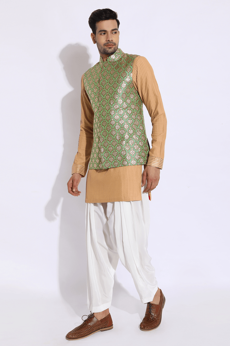 Green brocade bandi jacket with beige kurta set - Kunal Anil Tanna