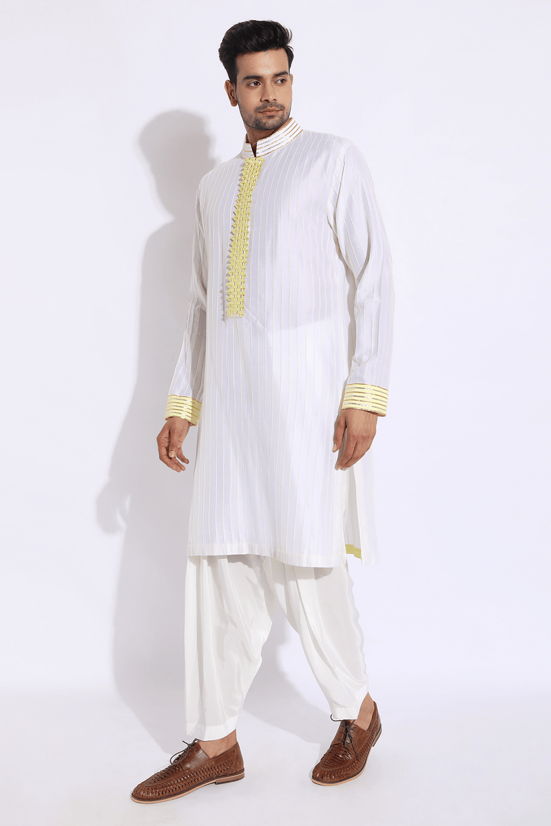 Ivory with Lime Yellow Matting detail Kurta Set - Kunal Anil Tanna