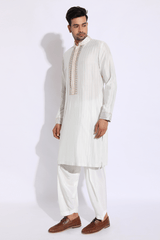 Ivory with blue pleating detail Kurta set (Express Delivery) - Kunal Anil Tanna