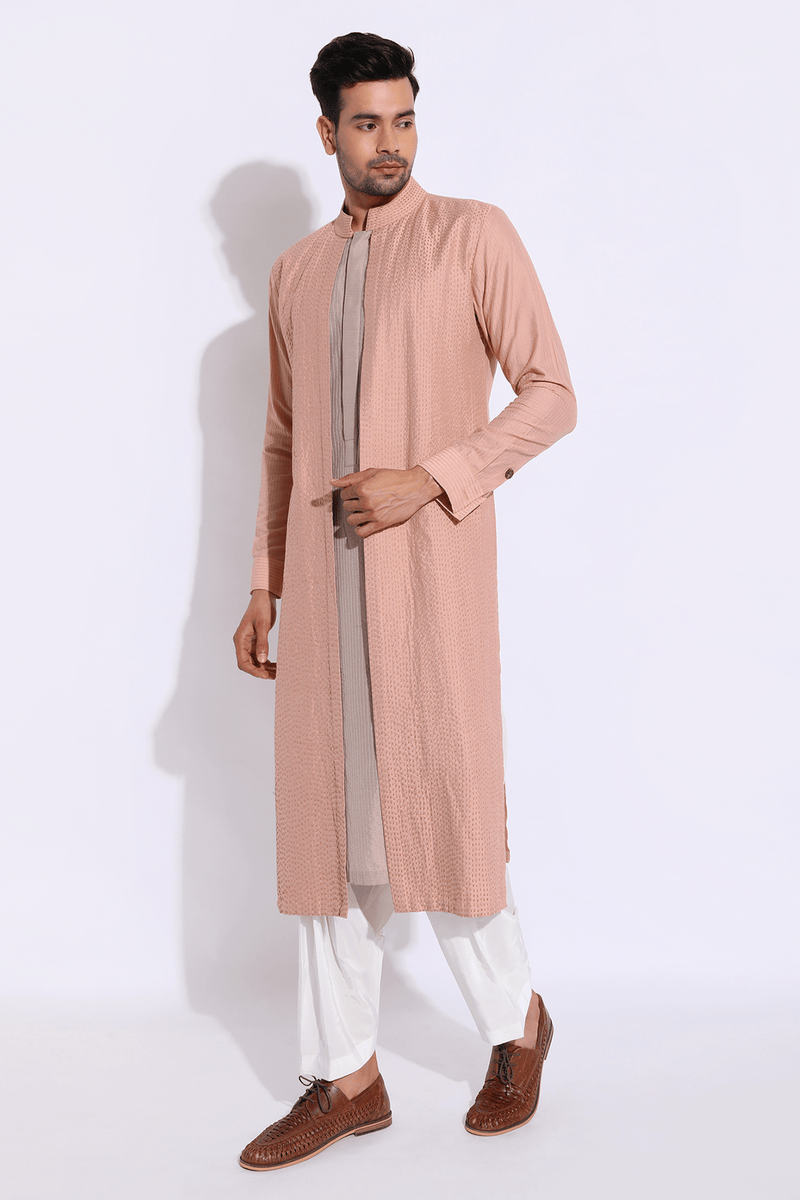 Salmon and grey mock layered kurta set (Express Delivery) - Kunal Anil Tanna