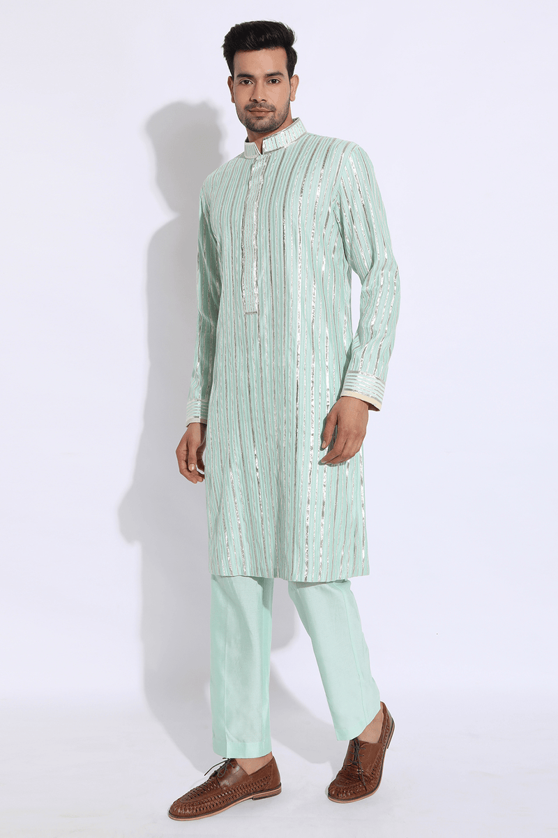 Light green with zari lines Kurta set (Express Delivery) - Kunal Anil Tanna