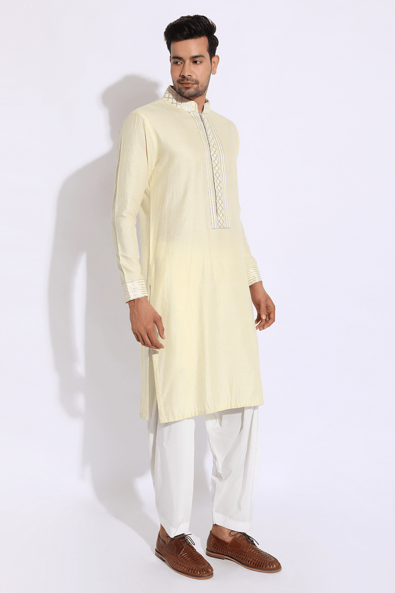 Light Yellow with thread embroidery Kurta set (Express Delivery) - Kunal Anil Tanna