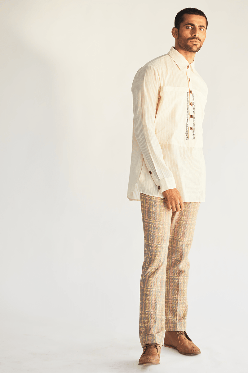 Ivory Long Shirt Jacket with Shirt and Mesh Faded Print Pants - Kunal Anil Tanna