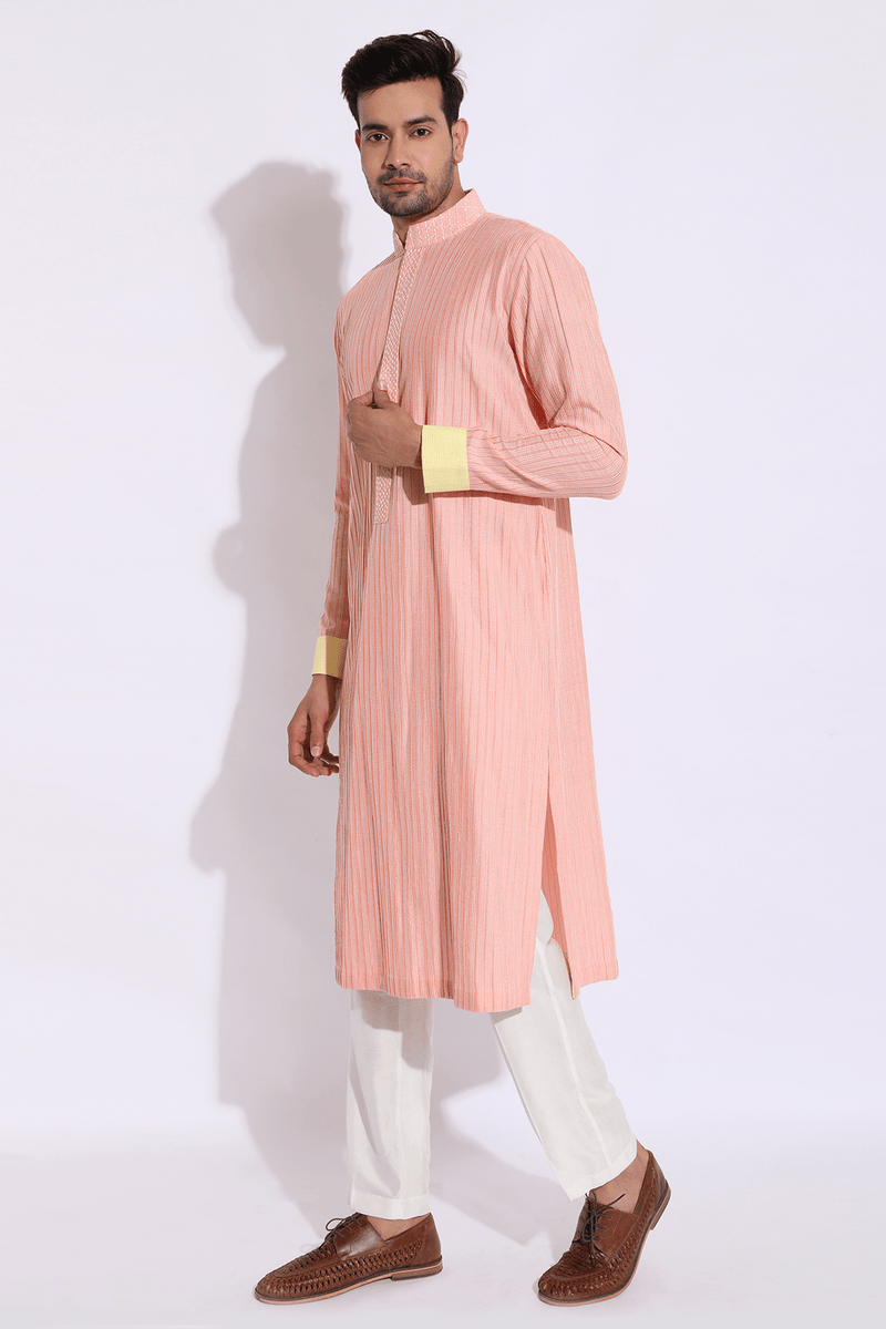 Peach with ivory thread texture kurta set (Express Delivery) - Kunal Anil Tanna