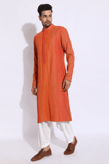 Beige with red and orange thread texture kurta set (Express Delivery) - Kunal Anil Tanna