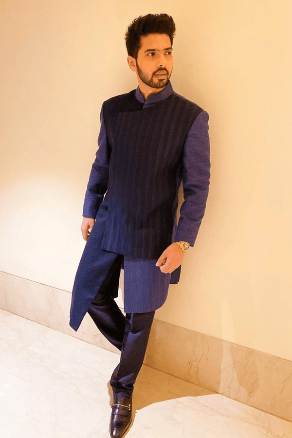 Armaan Malik In Dark Blue Assymetrical Overlap Achkan - Kunal Anil Tanna