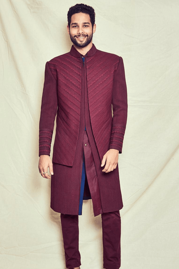 Siddhant Chaturvedi In Maroon Achkan jacket with shirt kurta and aligarhi pant - Kunal Anil Tanna