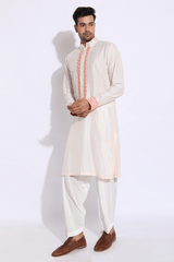 Ivory with Peach and Orange Pleating Detail Kurta Set (Express Delivery) - Kunal Anil Tanna