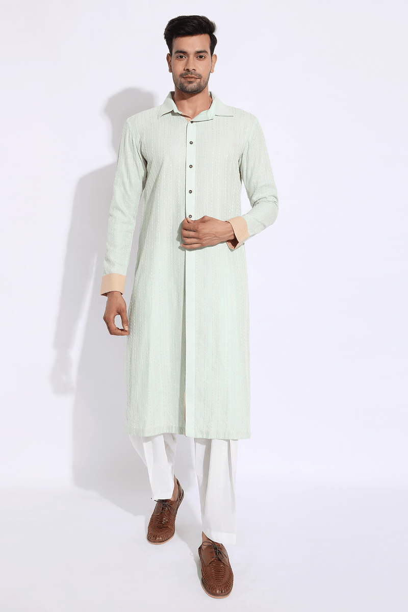 Light green with thread texture Kurta Set (Express Delivery) - Kunal Anil Tanna
