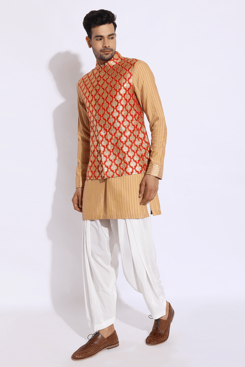 Red brocade bandi jacket with beige kurta set - Kunal Anil Tanna