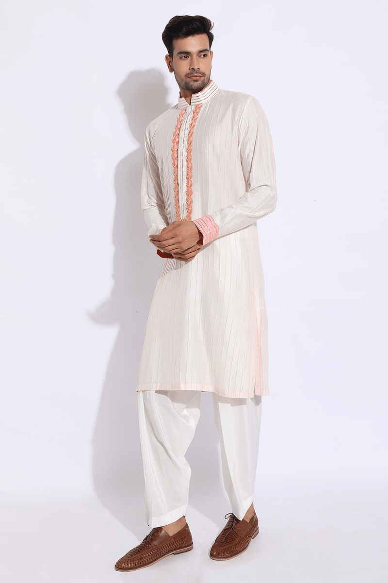 Ivory with Peach and Orange Pleating Detail Kurta Set - Kunal Anil Tanna