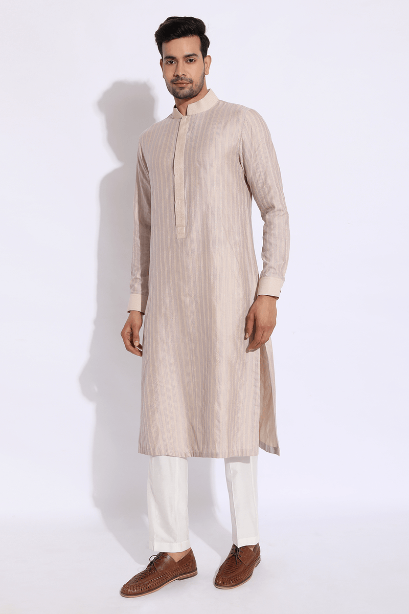 Beige with dark lilac thread texture kurta set (Express Delivery) - Kunal Anil Tanna