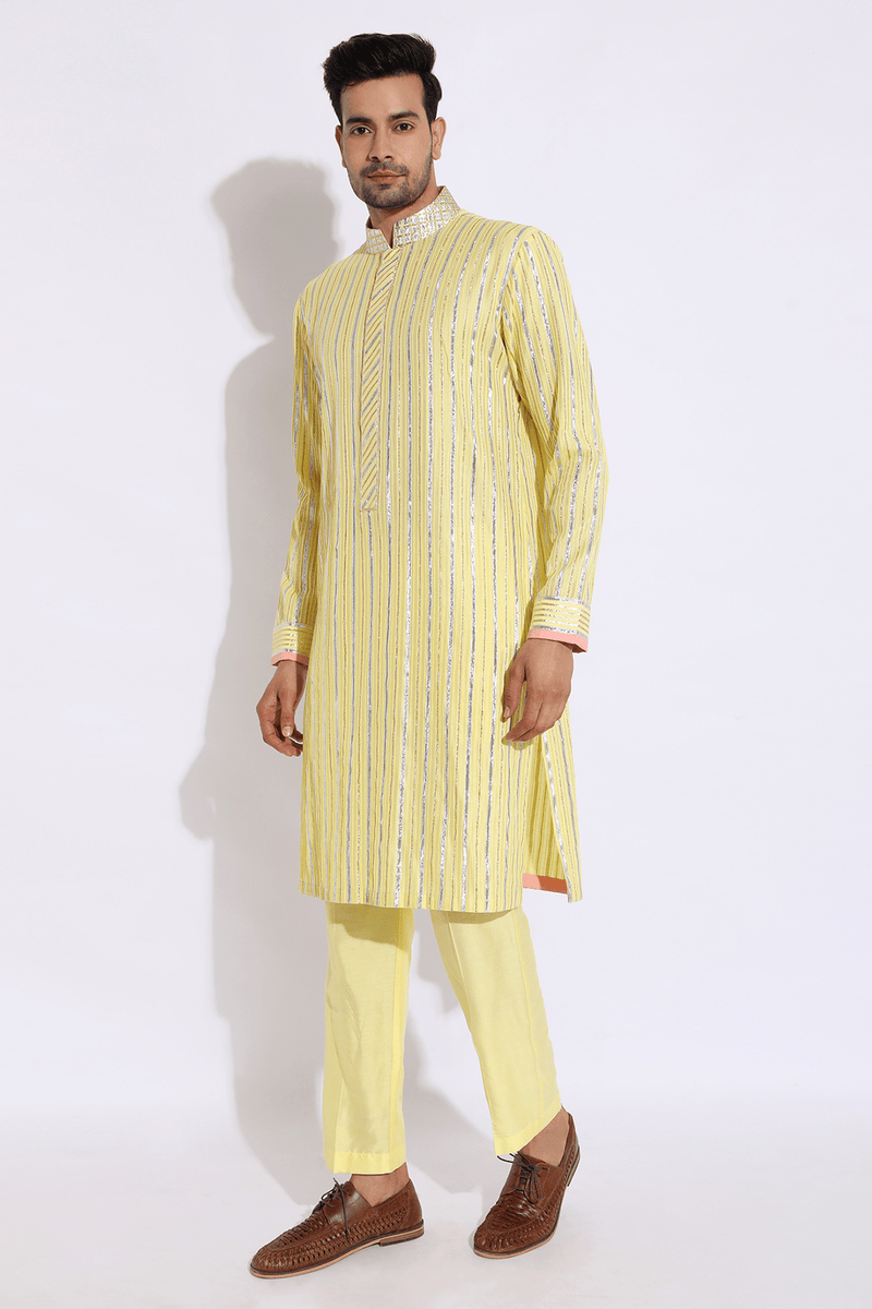 Light yellow with zari lines Kurta set (Express Delivery) - Kunal Anil Tanna