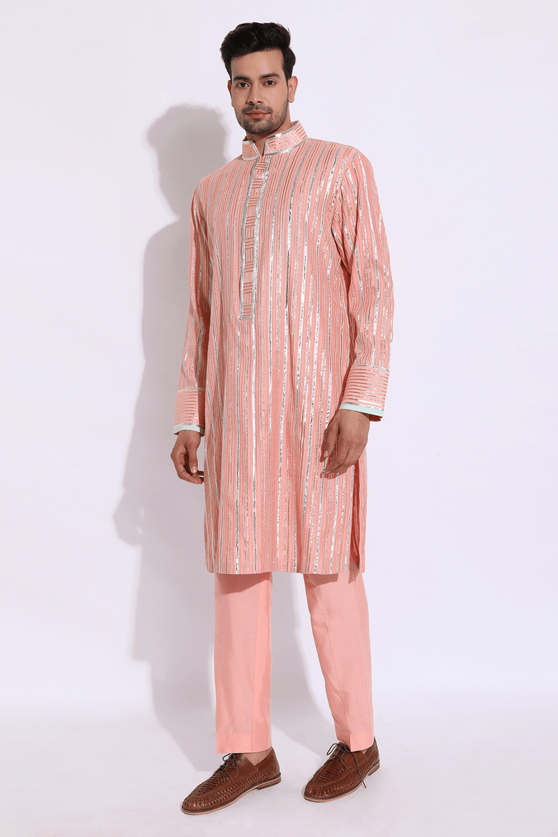 Light peach with zari lines Kurta set - Kunal Anil Tanna