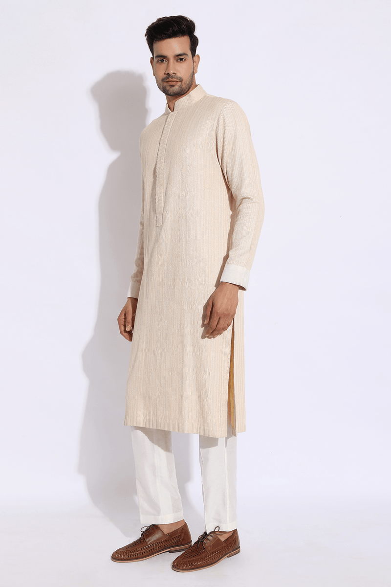 Ivory with beige thread texture kurta set - Kunal Anil Tanna