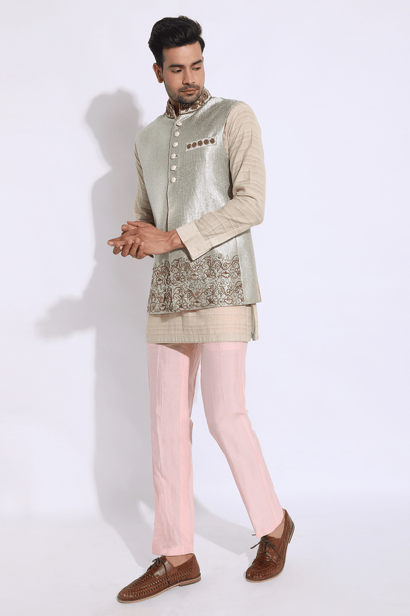 Gold texture with embroidery bandi and ivory kurta with peach aligarhi set (Express Delivery) - Kunal Anil Tanna