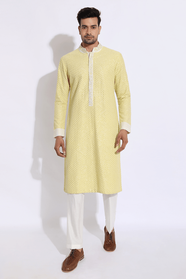 Light yellow embroidered kurta set (Express Delivery) - Kunal Anil Tanna