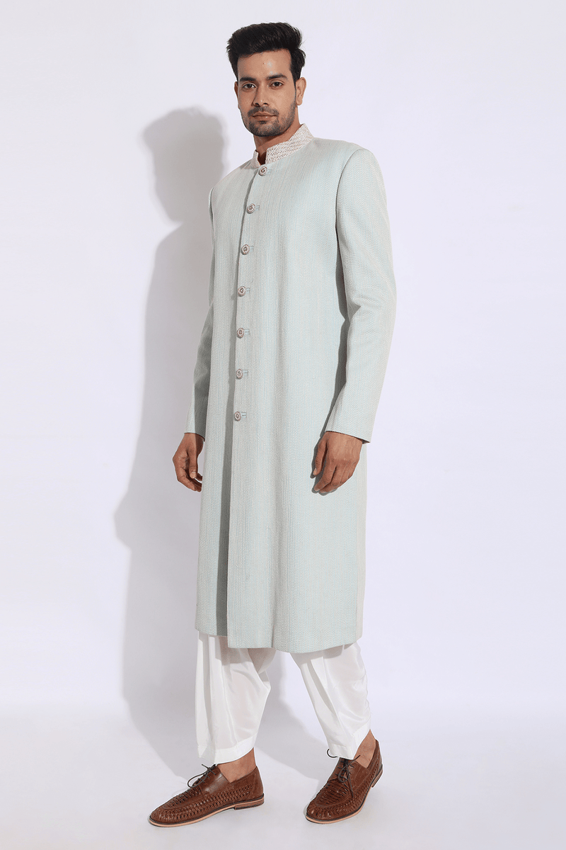 Light Blue with Ivory Thread Texture Sherwani Set. - Kunal Anil Tanna