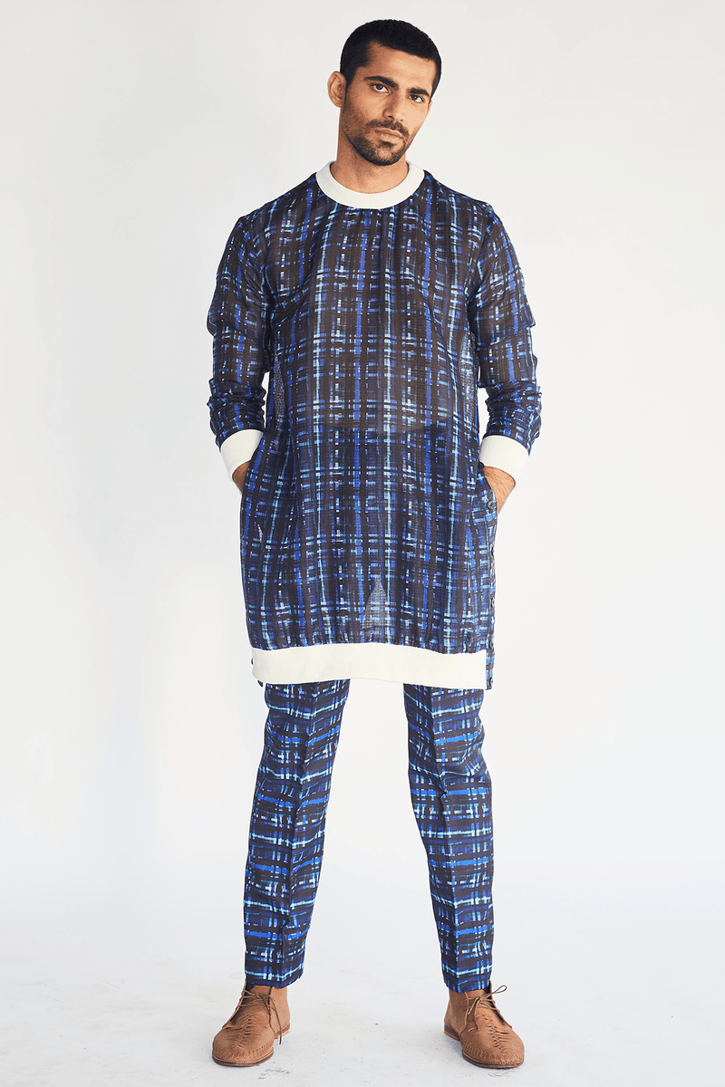Open Mesh Print Long Jacket with Pullover Kurta and Printed Trousers (Express Delivery) - Kunal Anil Tanna