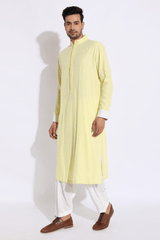 Light yellow with thread texture Kurta Set - Kunal Anil Tanna