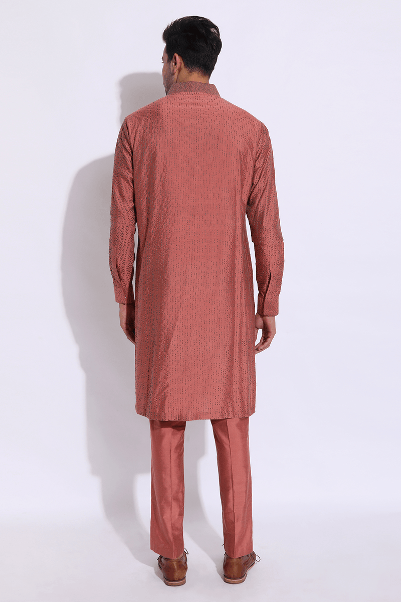 Salmon with grey thread texture Kurta Set - Kunal Anil Tanna