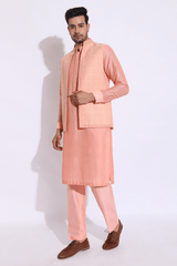 Peach thread embroidered open bandi jacket with peach kurta set - Kunal Anil Tanna