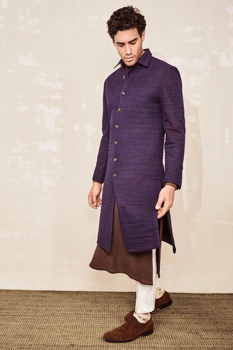 Textured Shacket with Polo Neck Kurta & White Trousers (Express Delivery) - Kunal Anil Tanna