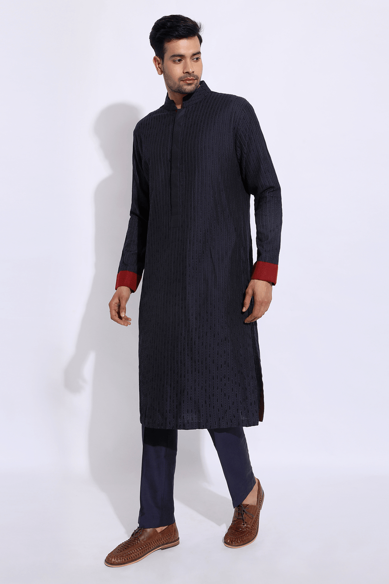 Dark blue with thread texture Kurta Set - Kunal Anil Tanna