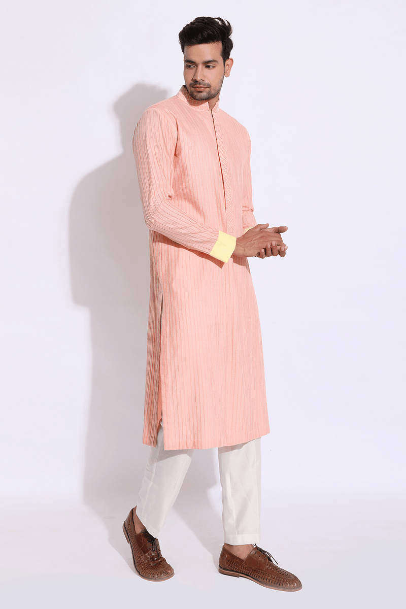 Peach with ivory thread texture kurta set (Express Delivery) - Kunal Anil Tanna