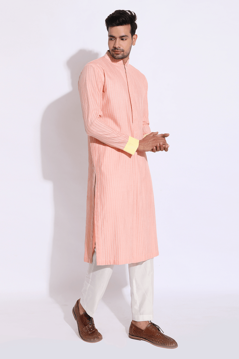 Peach with ivory thread texture kurta set - Kunal Anil Tanna