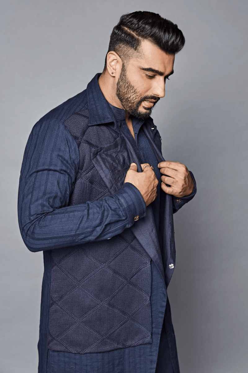 Arjun Kapoor In Dark blue trench style shirt jacket with knit flap - Kunal Anil Tanna