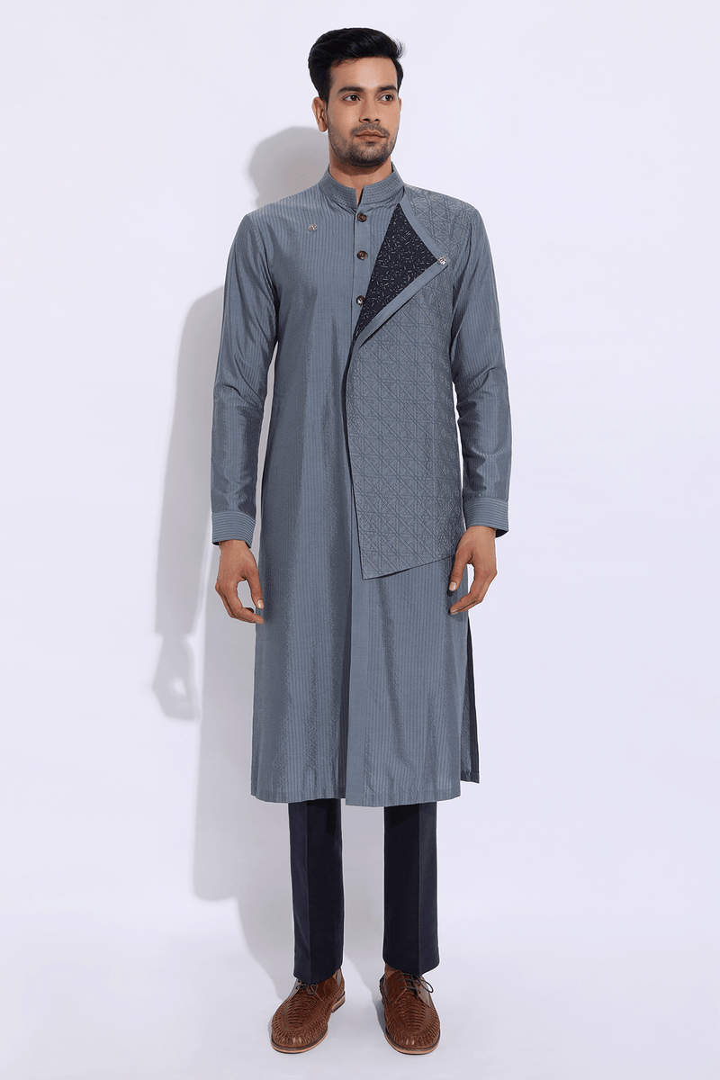 Grey asymmetrical mock layered textured kurta set (Express Delivery) - Kunal Anil Tanna