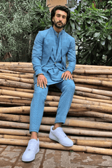 Meezan In Blue jacket with short blue kurta and trousers - Kunal Anil Tanna